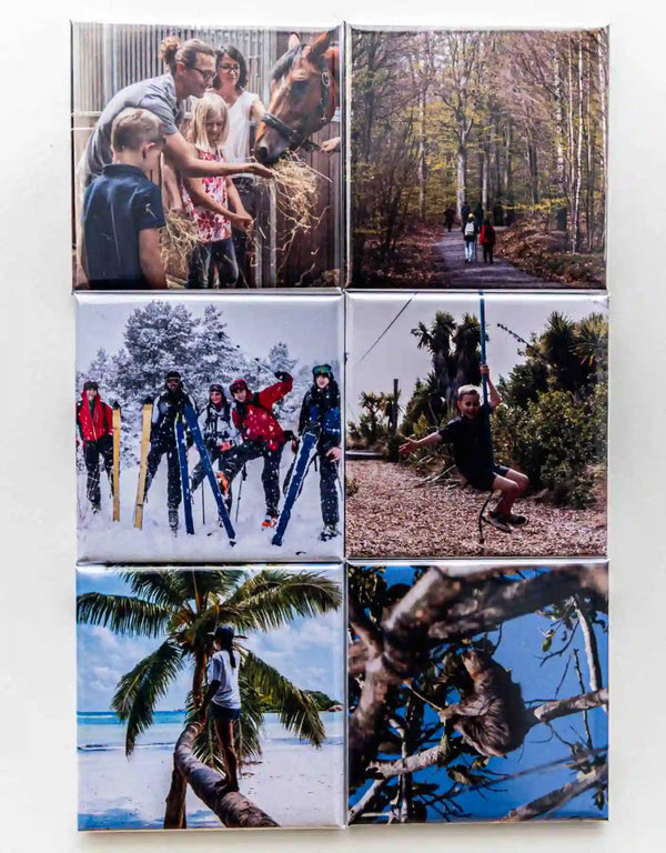 Sechs bunte Fotomagnete mit Urlaubs- und Familienmomenten auf einer Wand angeordnet – perfekte Erinnerung zum Anfassen.