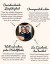 Zwei Männer lächeln auf einem quadratischen Fotomagneten, der von einer Hand gehalten wird. Um das Foto stehen die Vorteile der Glasmagnete: beeindruckende Langlebigkeit, unvergessliche Schönheit, Haftung auf Metallflächen und ein berührendes Geschenk.