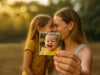 Eine Mutter hält einen personalisierten Fotomagneten mit dem Bild ihres lachenden Babys in die Kamera. Im Hintergrund kuschelt sie mit ihrer Tochter. Ein perfektes Geschenk für Eltern, um besondere Erinnerungen mit ihren Kindern festzuhalten.